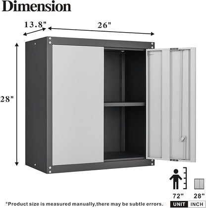GREATMEET Lockable Storage Cabinet, Metal Garage Storage Cabinets, Metal Wall Cabinet for Garage, Wall Mount Cabinet with Lock and Adjustable Shelf, Floating, Black&Grey