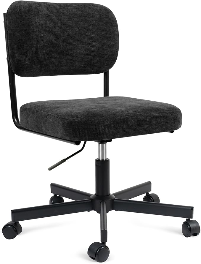 Vanity Chair with Wheels, Cute Armless Desk Chair with Back, Height Adjustable Swivel Small Office Chair, Comfy Fabric Computer Task Chair for Bedroom, Study, Dressing Room Black