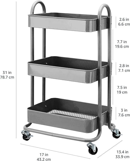 Amazon Basics 3-Tier Rolling Utility or Kitchen Cart, Lockable Wheels, Multifunctional Storage, Mobile Shelving Unit, Metal Storage Organizer, Charcoal