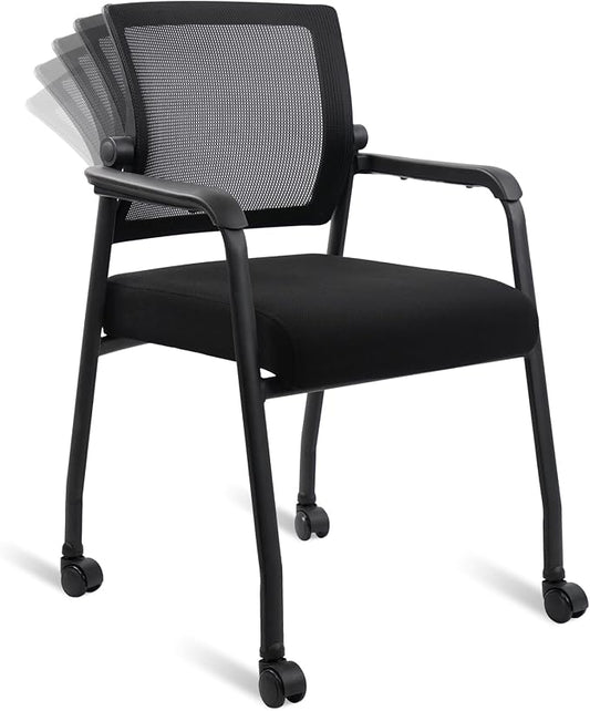 KLASIKA Waiting Room Chairs with Wheels, Adjustable Mesh Backrest, Desk Chair with Ergonomic Lumbar Support and Thickened Seats Cushion, Black