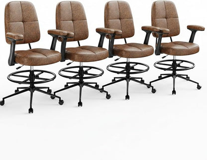 Marsail Drafting Chair with Flip-Up Armrests and Footrest, Ergonomic Tall Office Chair, Height Adjustable High Chair, Brown Leather Seat with Thick Cushion, 360° Swivel, Pack of 4