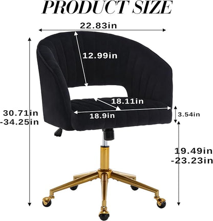 Home Office Chair Swivel Velvet Desk Chair Accent Armchair Upholstered Modern Tufted Chairs with Gold Base for Girls Women Ergonomic Study Seat Computer Task Stools for Living Room(Black)
