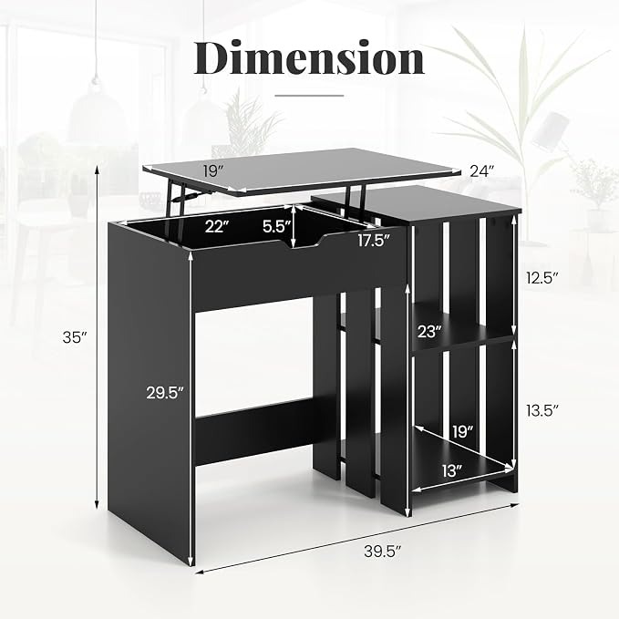 Tangkula Computer Desk with Lift Top, Space Saving Standing Desk with Hidden Compartment and Open Storage Shelves, Study Writing Desk with Lifting Mechanism, Black
