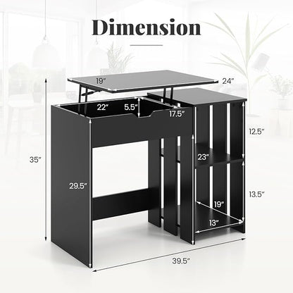Tangkula Computer Desk with Lift Top, Space Saving Standing Desk with Hidden Compartment and Open Storage Shelves, Study Writing Desk with Lifting Mechanism, Black