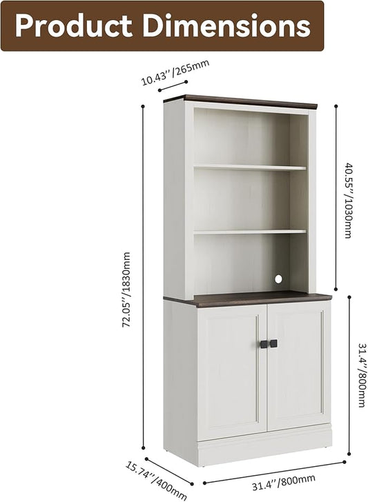 FENSULN 72 in Tall Bookshelf 5 Tier Bookcase with Adjustable Shelves, Antique White Book Shelf with Storage Cabinet, Wood Freestanding Display Bookshelves for Home Office,Bedroom, Living Room(Pack 2)