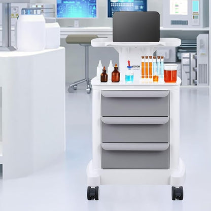 VEVOR 4 Tiers Lab Carts, Lab Utility Cart with 3 Drawers & 1 Top Tray, Mobile Medical Cart with ABS Material, Lab Rolling Cart with 4 Silent Wheels for Lab, Clinic, Hospital, Salon, White