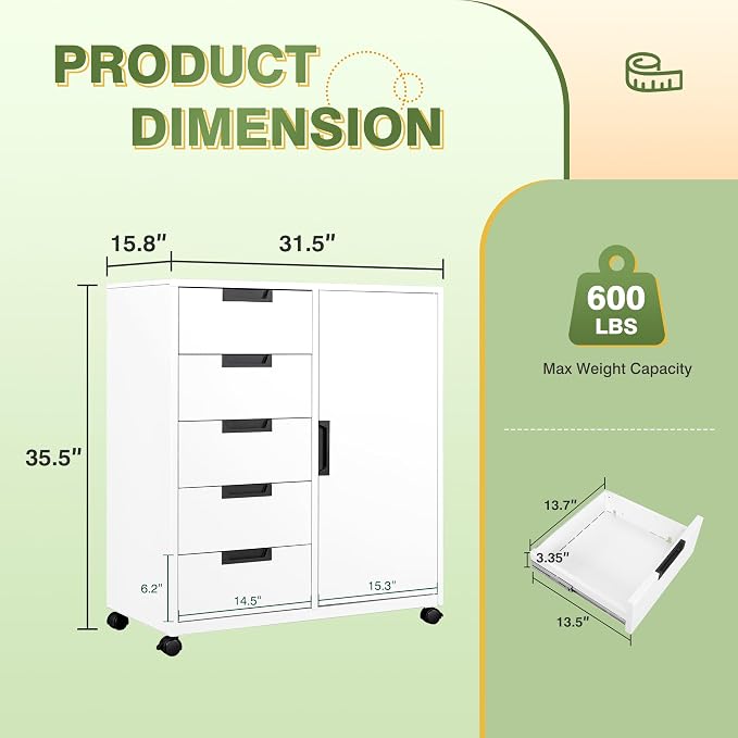 5-Drawer Metal Storage Cabinet with Adjustable Shelves and Wheels, Printer Stand with Storage, Craft Organizers and Storage Drawers, Rolling File Cabinets for Home Office(White)