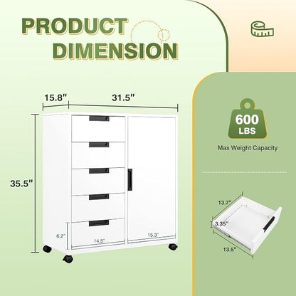 5-Drawer Metal Storage Cabinet with Adjustable Shelves and Wheels, Printer Stand with Storage, Craft Organizers and Storage Drawers, Rolling File Cabinets for Home Office(White)