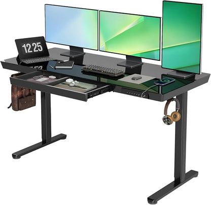 INNOVAR Glass Standing Desk with Drawers & USB Ports,55 inch Whole-Piece Glass Top Adjustable Height Desks, Quick-Install Electric Sit-Stand Up Desk for Home Office & Computer Workstation, Black