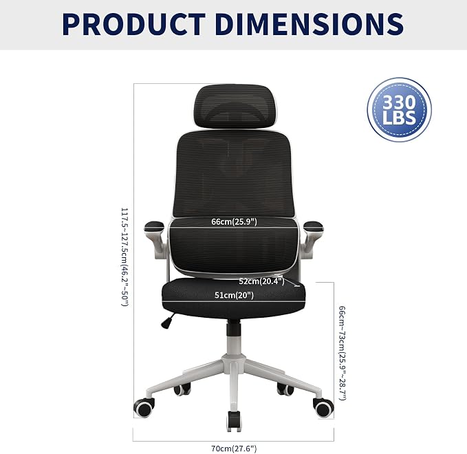 Ergonomic Office Chair - Desk Chair with Adjustable Headrest Lumbar Support Computer Chair - Mesh Comfy Chair with Flip-up Armrests - Gaming Chairs for Adults Home Office 330 LBS (White+Black)