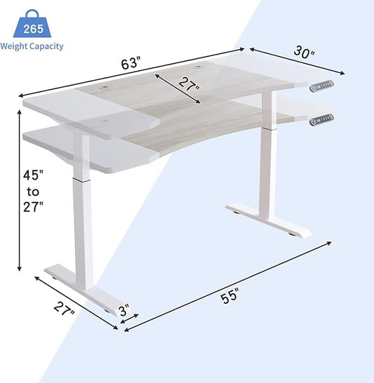 Dual Motor 63x30 Height Adjustable Electric Standing Desk,Height Stand Up Computer Desk,Sit and Stand Home Office Desk with Splice Board(Oak+White Top, White Frame)