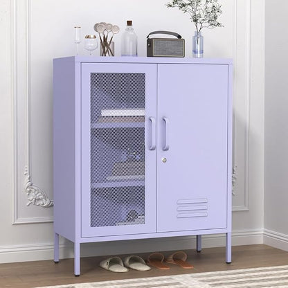 Metal Storage Cabinet with Mesh Doors 33"H Steel Locker Cabinet with 2 Tier Adjustable Shelves Purple Lockable Metal Locker Cabinets Sideboard for Home Office Entryway Size：33" H X 29.5" W X 13.8" D