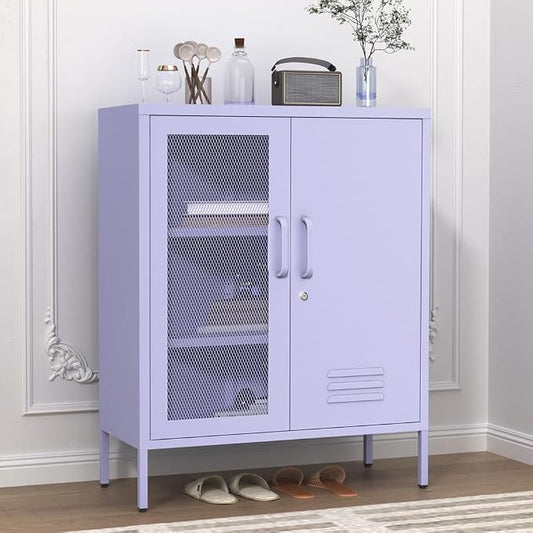 Metal Storage Cabinet with Mesh Doors 33"H Steel Locker Cabinet with 2 Tier Adjustable Shelves Purple Lockable Metal Locker Cabinets Sideboard for Home Office Entryway Size：33" H X 29.5" W X 13.8" D