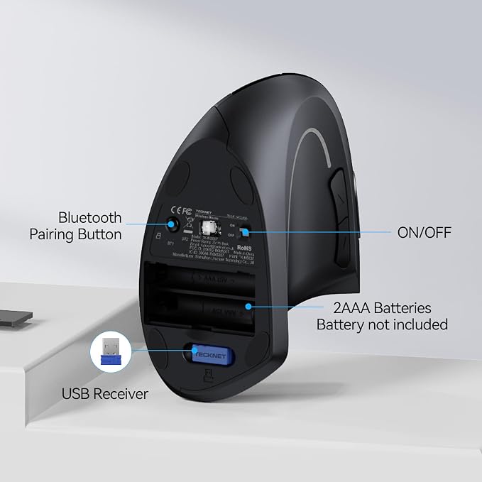 TECKNET Ergonomic Mouse, Wireless Bluetooth Vertical Mouse, 4800 DPI Optical Tracking, 6 Adjustable DPI, Quiet Clicks, 2.4GHz with USB A Receiver, 12 Months Battery, 6 Buttons, Wide Compatibility
