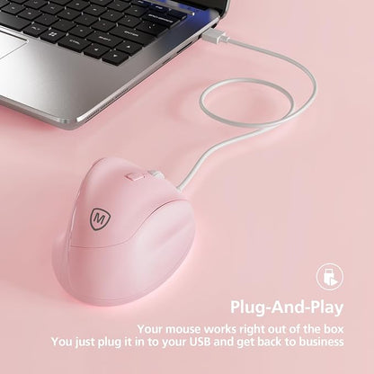 Micropack Ergonomic Mouse Wired for Laptop, PC Computer and Desktop, Ergo Mouse Vertical with Silent Clicks, Up to 3200 DPI Adjustable Mouse Sensitivity, Pink