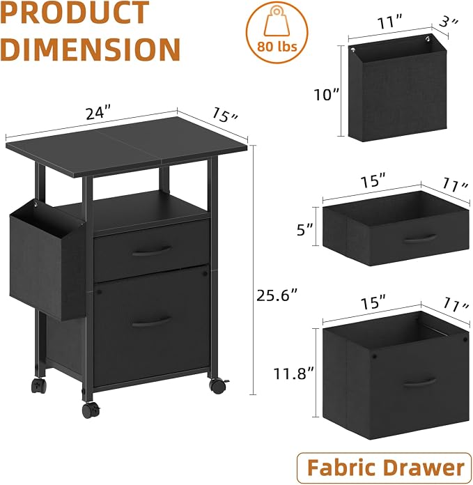 GYIIYUO 2 Drawer File Cabinet with 24'' Extended Desktop, Mobile Filing Cabinet, Rolling File Cabinet with Side Bag, Fabric Drawer, Fits A4/Letter Size, Printer Stand Home Office, Black
