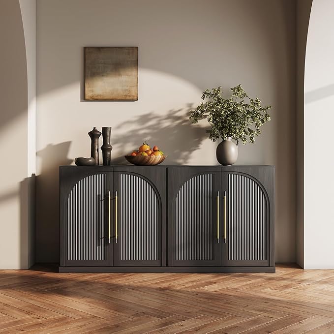 BELLEZE 65" Kitchen Storage Cabinet with Adjustable Shelves,Freestanding Accent Cabinet with Fluted Arched Design & Gold Handles,Modern Credenza for Living Room,Dining Room,Entryway - Ebony