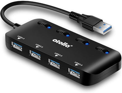 USB 3.0 Hub 4-Port with Individual Switches, Ultra-Slim High-Speed Data Expander, 5Gbps USB Splitter for Laptop, PC, Keyboard, Mouse, Flash Drive – LED Indicators, Plug & Play