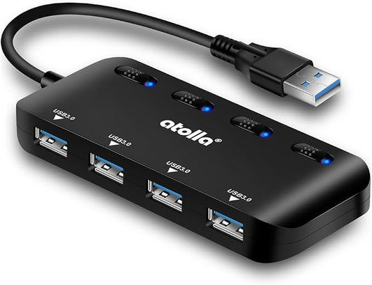 USB 3.0 Hub 4-Port with Individual Switches, Ultra-Slim High-Speed Data Expander, 5Gbps USB Splitter for Laptop, PC, Keyboard, Mouse, Flash Drive – LED Indicators, Plug & Play