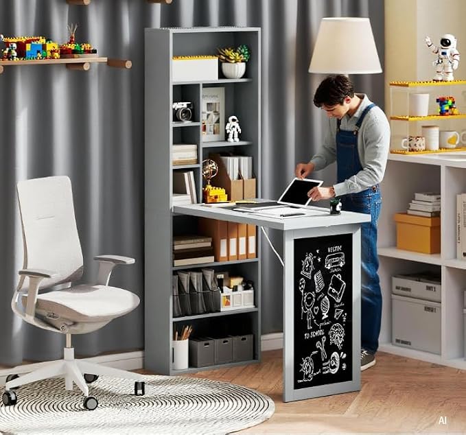 Foldable Wall Mounted Desk with Storage Shelves, Fold Out Convertible Computer Table with Blackboard, Folding Writing Table Workstation for Small Spaces,Home Office (Grey)