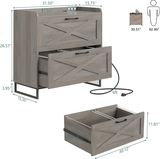 2 Drawer Lateral File Cabinet, Filing Cabinet with Charging Station for Letter/Legal/A4 Size Hanging Files, Modern Farmhouse File Cabinet for Home Office, Printer Stand with Storage, Washed Gray