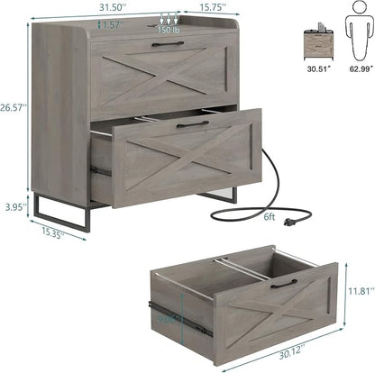 2 Drawer Lateral File Cabinet, Filing Cabinet with Charging Station for Letter/Legal/A4 Size Hanging Files, Modern Farmhouse File Cabinet for Home Office, Printer Stand with Storage, Washed Gray