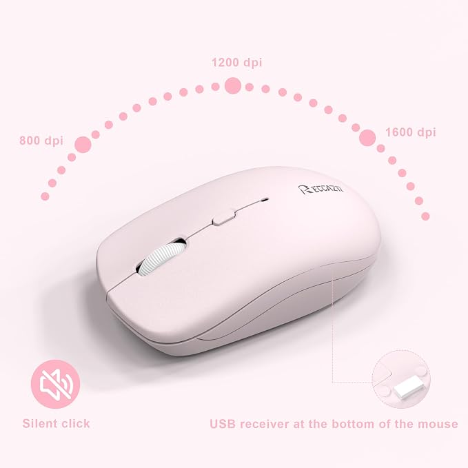 Wireless Keyboard and Mouse Combo, Reccazr 2.4G Full-Sized Keyboard and Mouse Cordless, 3 DPI Adjustable Mouse, Dual-System Keyboard for Computer/Laptop/Windows/Mac (Pink & White)