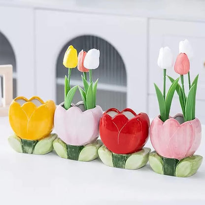 Ceramic Tulip Cosmetic Storage Box, Desktop Organizers Make Up Brush Storage Stand Desktop Storage Box for Brush,Pencil,Art Supplies, Painting Brush (Pink)