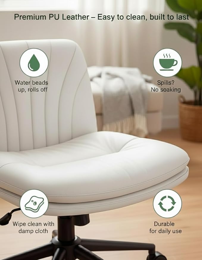 Marsail Criss Cross Office Chair with Wheels, Armless Wide Desk Chair for Active Sitting, PU Leather Cross Legged Chair for Home Office, Pet-Friendly & Easy Clean, Beige