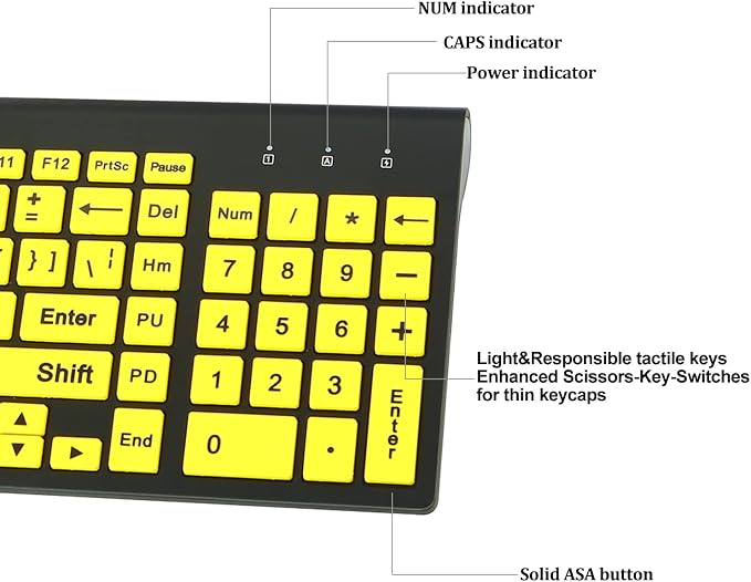 Full Size Large Print 2.4g Wireless Keyboard and Mouse with Oversized Print for Visually Impaired Low Vision Individuals (Yellow)