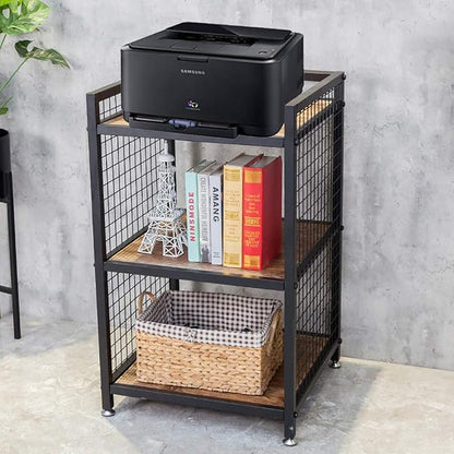 Industrial 3-Shelf Printer Stand, Rustic Printer Cart with Wheels, Large Printer Desk Cart with Storage Shelves, Office Organizer for Home, Living Room, 19.3'' x 19.3'' x 34.8''