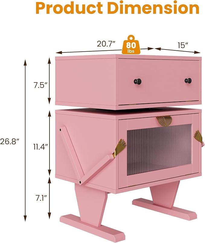 RoyalCraft Large Nightstand Set of 2 with LED Lighs, Pink End Table with 360°Rotating Drawer, Modern Bedside Table with Storage, Wood Night Stand for Bedroom, Home Office, Pink