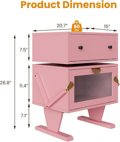 RoyalCraft Large Nightstand Set of 2 with LED Lighs, Pink End Table with 360°Rotating Drawer, Modern Bedside Table with Storage, Wood Night Stand for Bedroom, Home Office, Pink