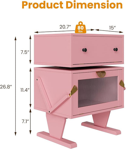 RoyalCraft Large Nightstand with LED Lighs, Pink End Table with 360°Rotating Drawer, Modern Bedside Table with Storage, Wood Night Stand for Bedroom, Home Office, Pink