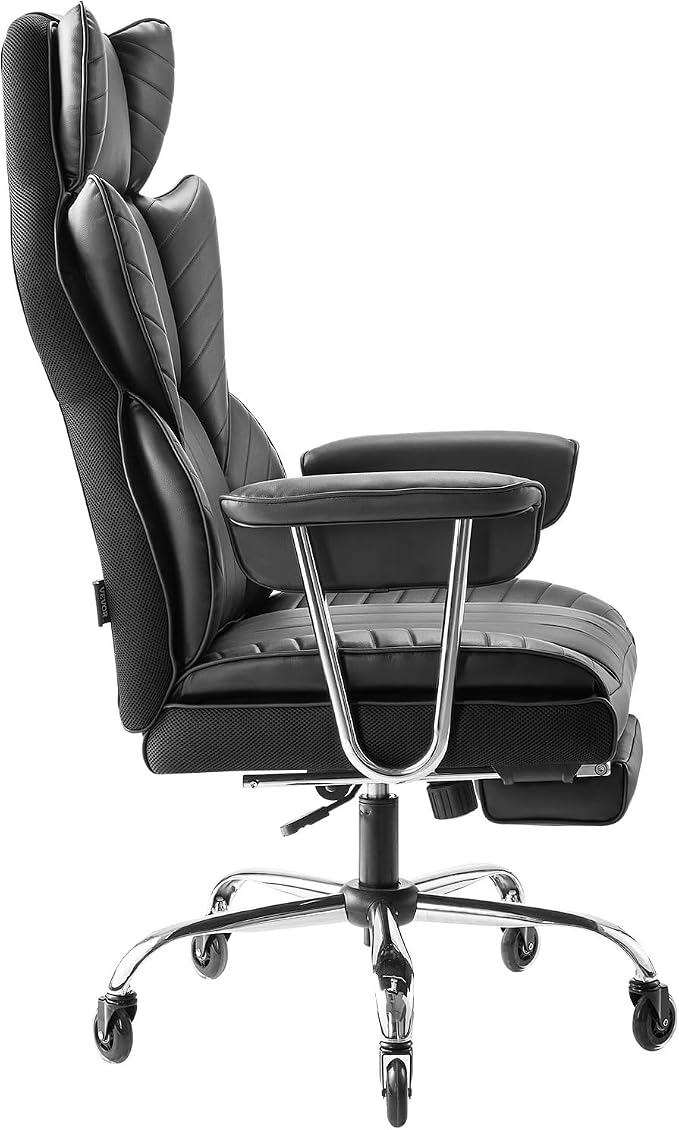 VEVOR Executive Office Chair with Footrest, 400lb Capacity Oversize Office Chair with Lumbar Pillow & Removable Armrests, Heavy Duty Ergonomic Chair, PU Leather Reclining Home Office Desk Chair, Black
