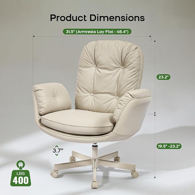 amseatec Criss Cross Office Chair with Armrests & Wheels, Recline 90/135 Lock, 400LBS Big and Tall Executive Office Chair, PU Leather Computer Desk Chair for Home & ADHD（Cream）