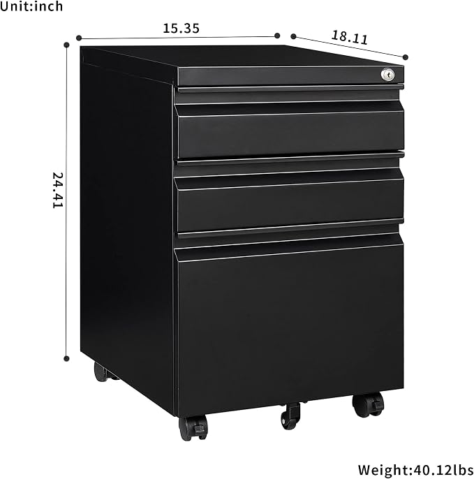 3 Drawer File Cabinet with Lock, Steel Mobile Filing Cabinet on Anti-tilt Wheels, Rolling Locking Office Cabinets Under Desk for Legal/Letter Size (Black)