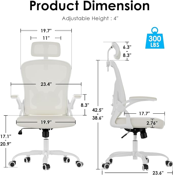 Farini Ergonomic Office Chair, Home Office Desk Chair with Headrest, High Back Swivel Computer Chair with Armrests and Adjustable Lumbar Support for Home Office Study Room, White & Beige