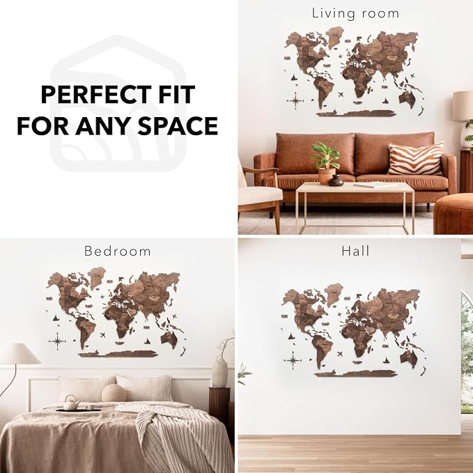 Enjoy The Wood 3D Wooden World Map Wall Art - Large Travel Map with Pins for Art Decor - Decorative Map of the World for Home, Office - Travel Wall Art Housewarming Gift Idea (Dark Walnut, 2XL, Unframed)