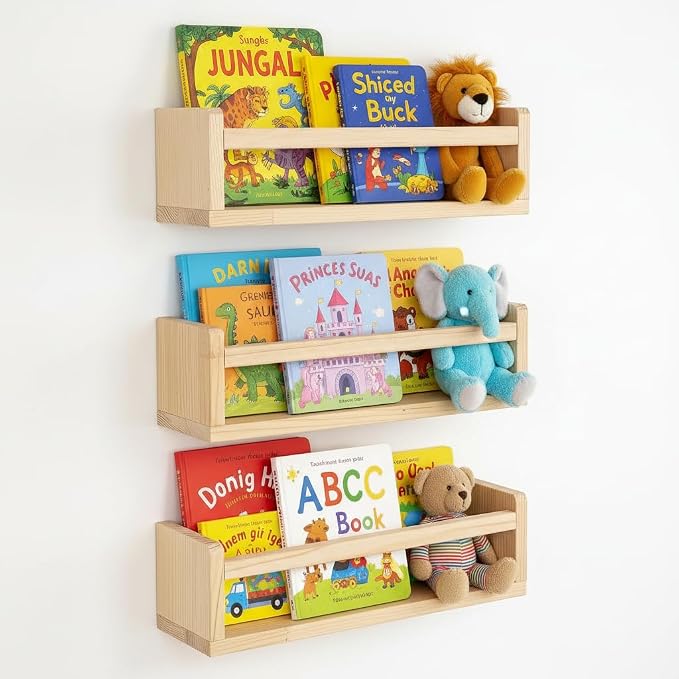 AZSKY Floating Nursery Book Shelves-Natural Wood Bookshelf for Kids Room 16 Inch, Small Bookshelf Wall Mounted for Baby Boys Girls-Living Room, Bathroom, Kitchen, Decor & Storage for Books and Dolls