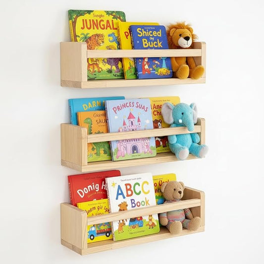AZSKY Floating Nursery Book Shelves-Natural Wood Bookshelf for Kids Room 16 Inch, Small Bookshelf Wall Mounted for Baby Boys Girls-Living Room, Bathroom, Kitchen, Decor & Storage for Books and Dolls
