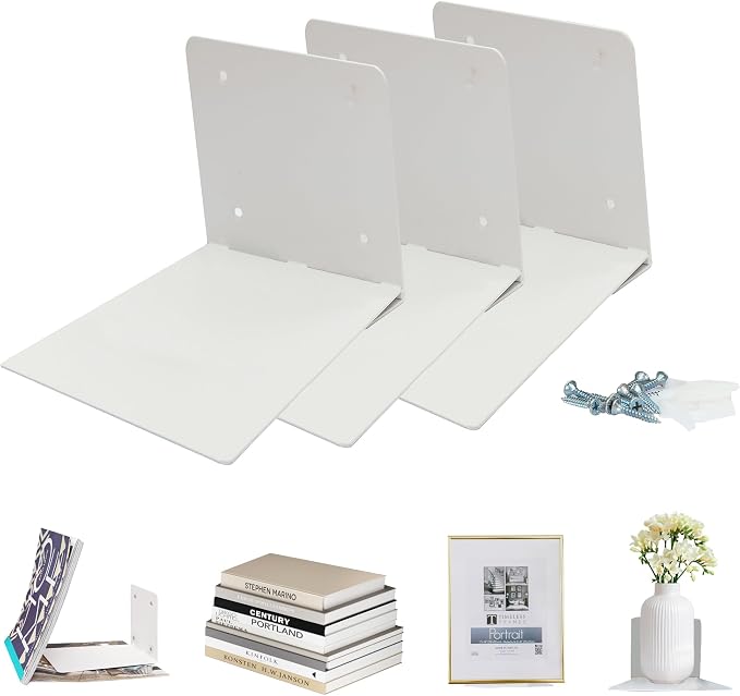 STORAGE MANIAC Floating Book Shelves for Wall Mounted Invisible Floating Bookshelves Heavy-Duty Steel Hidden Bookshelf Hanging Bookshelves for Bedroom Living Room Office, White 3-Pack Extra Large