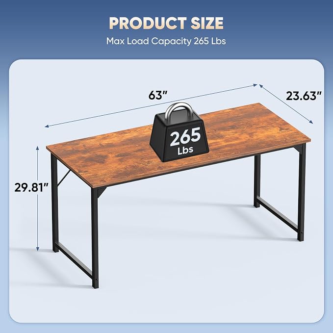 DUMOS 63 Inch Computer Office Desk Writing Gaming Study Work Large Desks for Bedroom Home Office with Metal Frame Simple Modern PC Table Workstation, Wood Brown