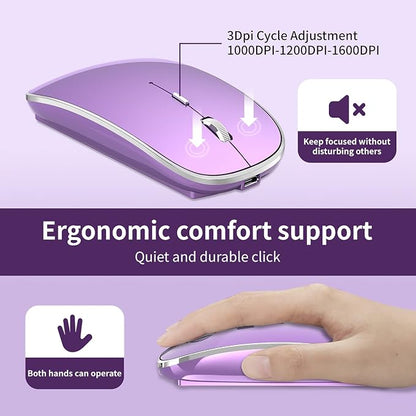 Halpilt Wireless Mouse Chargeable Portable Silent USB and Type-C Dual Mode Wireless Mouse 3 Adjustable DPI for Laptop, Mac, Android, PC (Q23S Purple)