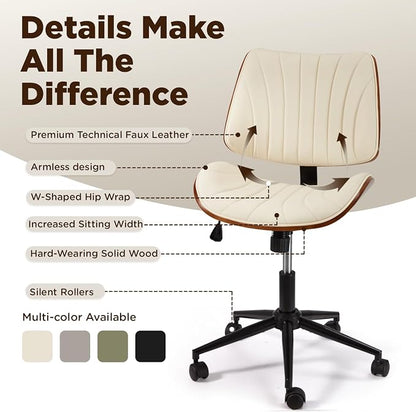 EROMMY Armless Office Desk Chair,Wooden Back Small Office Desk Chair No Arms Adjustable Height Modern Armless Chairs with Swivel Wheels for Small Spaces, Beige