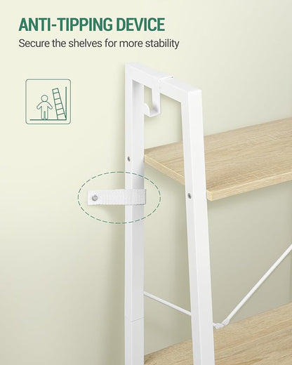 Hzuaneri Ladder Shelf, Bookshelf Bookcase, Freestanding Corner Storage Shelve with 2 Hooks for Home Office, Living Room, Kitchen, Bedroom, Industrial, 11.8" D x 13.4" W x 63" H, White Oak and White