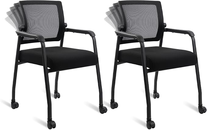 KLASIKA Waiting Room Chairs with Wheels, Adjustable Mesh Backrest, Desk Chair with Ergonomic Lumbar Support and Thickened Seats Cushion, 2 Pack Black