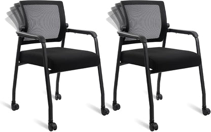 KLASIKA Waiting Room Chairs with Wheels, Adjustable Mesh Backrest, Desk Chair with Ergonomic Lumbar Support and Thickened Seats Cushion, 2 Pack Black