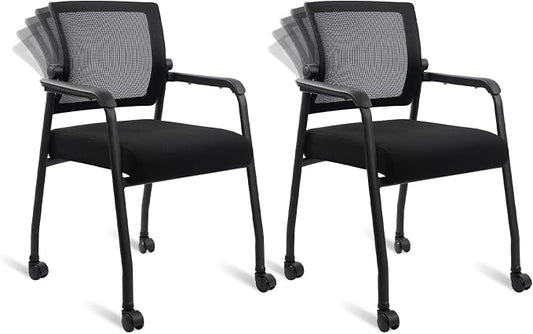KLASIKA Waiting Room Chairs with Wheels, Adjustable Mesh Backrest, Desk Chair with Ergonomic Lumbar Support and Thickened Seats Cushion, 2 Pack Black
