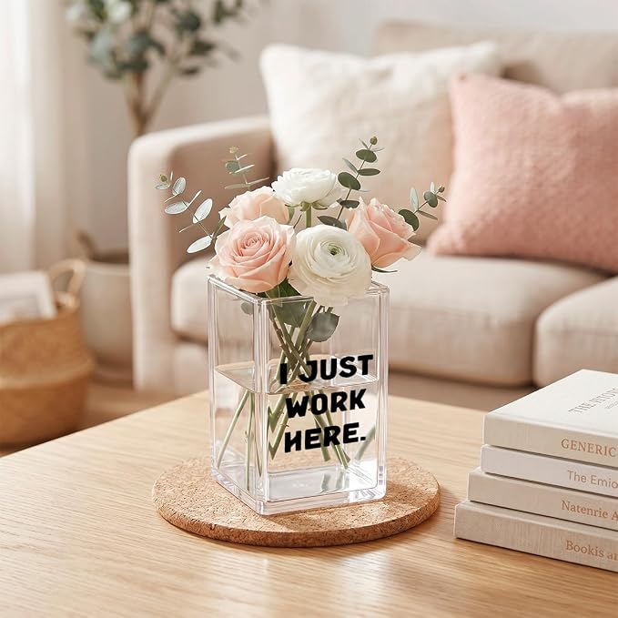 Funny Acrylic Pen Holder - I Just Work Here - Clear Makeup Brush Organizer, Sarcastic Office Desk Decor, Relatable Coworker Gag Gift for Women Men, Aesthetic Cubicle Accessories